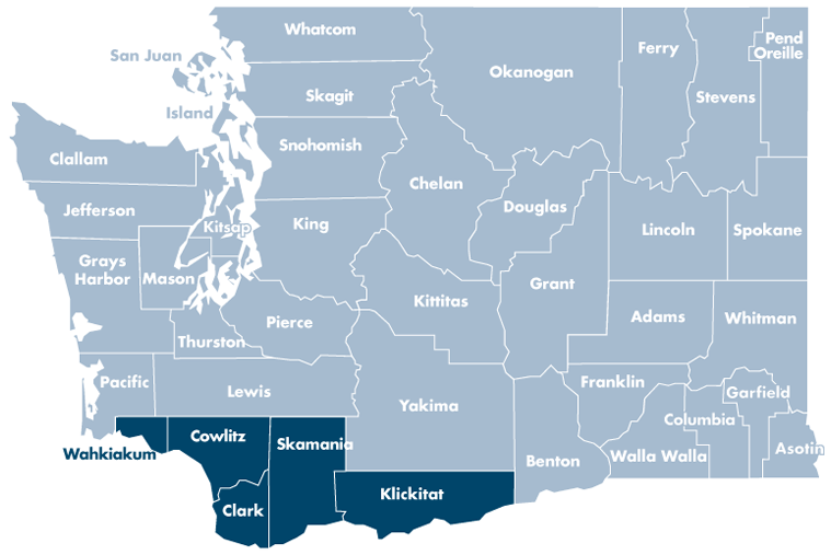 Washington state map with Clark, Cowlitz, Klickitat, Skamania, and Wahkiakum counties highlighted