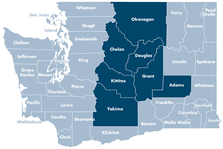 Washington state map with Adams, Chelan, Douglas, Grant, Kittitas, Okanogan, and Yakima counties highlighted