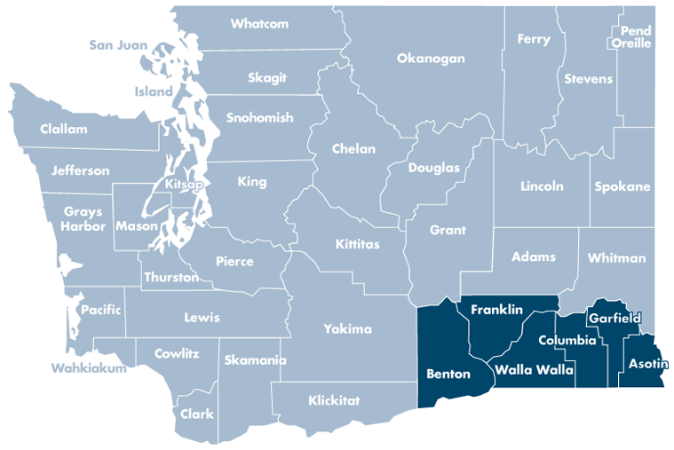 Washington state map with  Asotin, Benton, Columbia, Franklin, Garfield, and Walla Walla counties highlighted