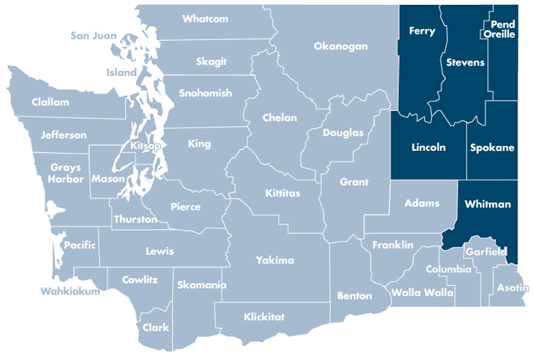 Washington state map with Ferry, Lincoln, Pend Oreille, Spokane, Stevens, and Whitman counties highlighted